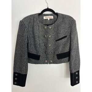 Free People Black White Herringbone Cropped Military Jacket Velvet Trim Small